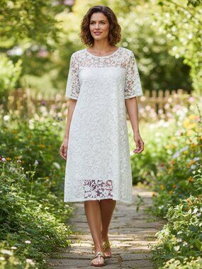 Nina Leonard 1X Dress Mini White Lace Short Sleeve Shift A Line Women's